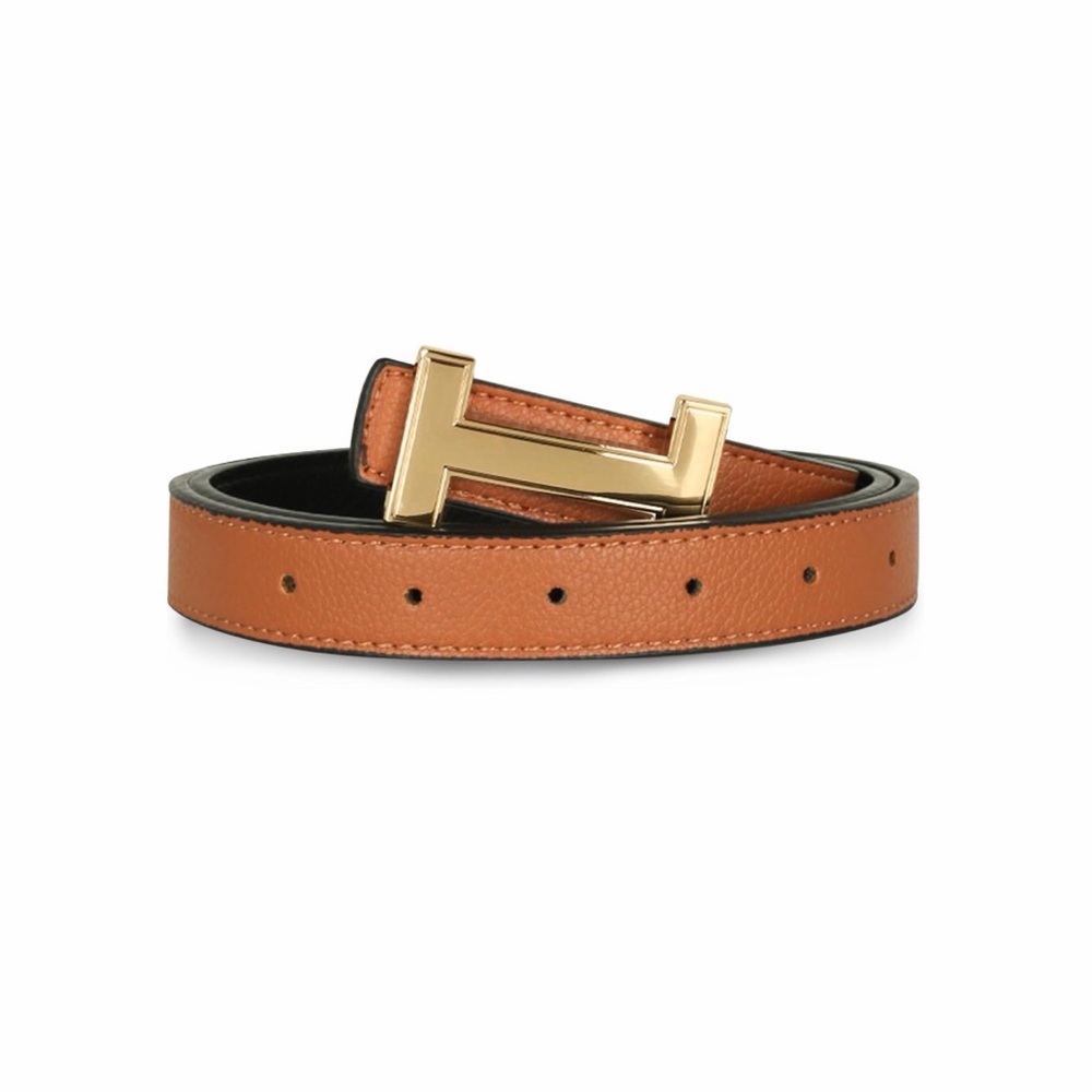 Classic H Gold Logo Women’s Leather Belt in Tan | Reversible Belt Tan + Black